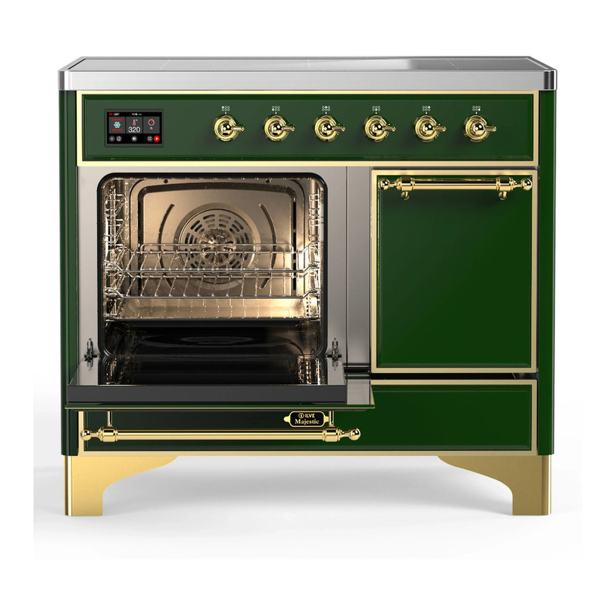 ILVE Majestic III 40-Inch Induction Range with 6 Induction Elements and Solid Door Electric Oven in Emerald Green with Brass Trim (UMDIB40QNR3EGG)