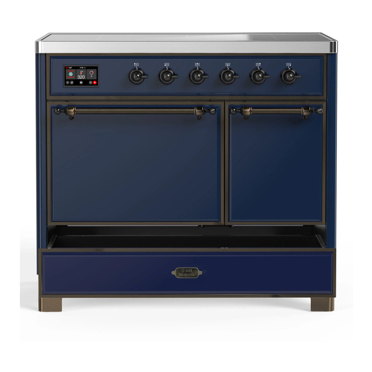 ILVE Majestic III 40-Inch Induction Range with 6 Induction Elements and Solid Door Electric Oven in Mightnight Blue with Burnished Trim (UMDIB40QNR3MBB)