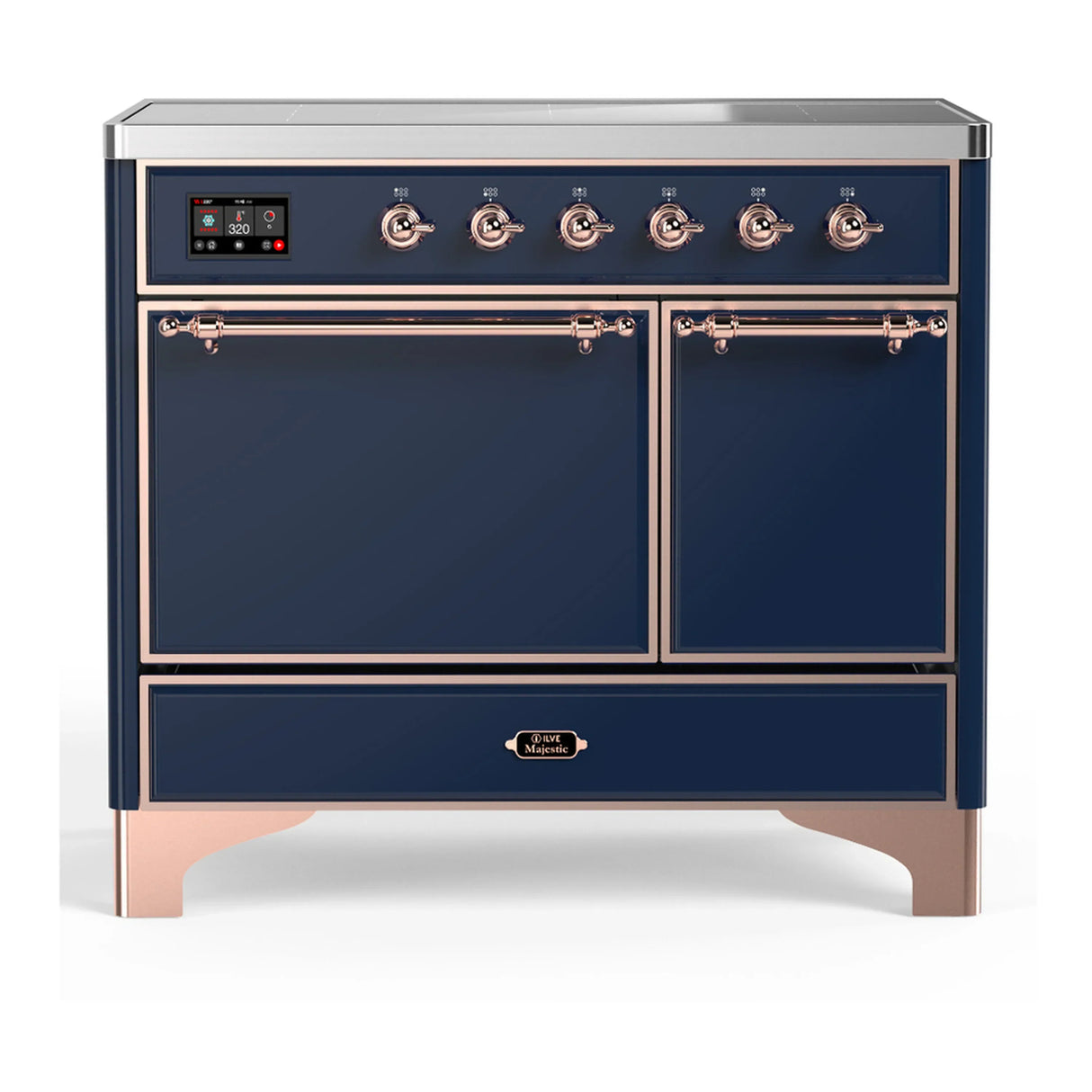 ILVE Majestic III 40-Inch Induction Range with 6 Induction Elements and Solid Door Electric Oven in Mightnight Blue with Copper Trim (UMDIB40QNR3MBP)