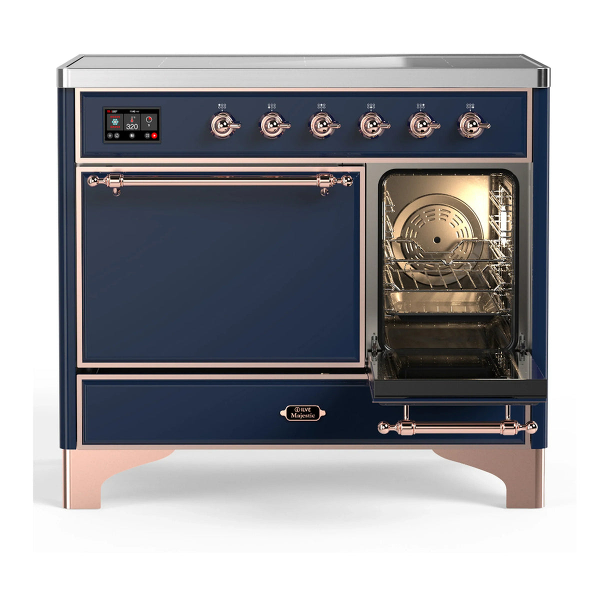 ILVE Majestic III 40-Inch Induction Range with 6 Induction Elements and Solid Door Electric Oven in Mightnight Blue with Copper Trim (UMDIB40QNR3MBP)