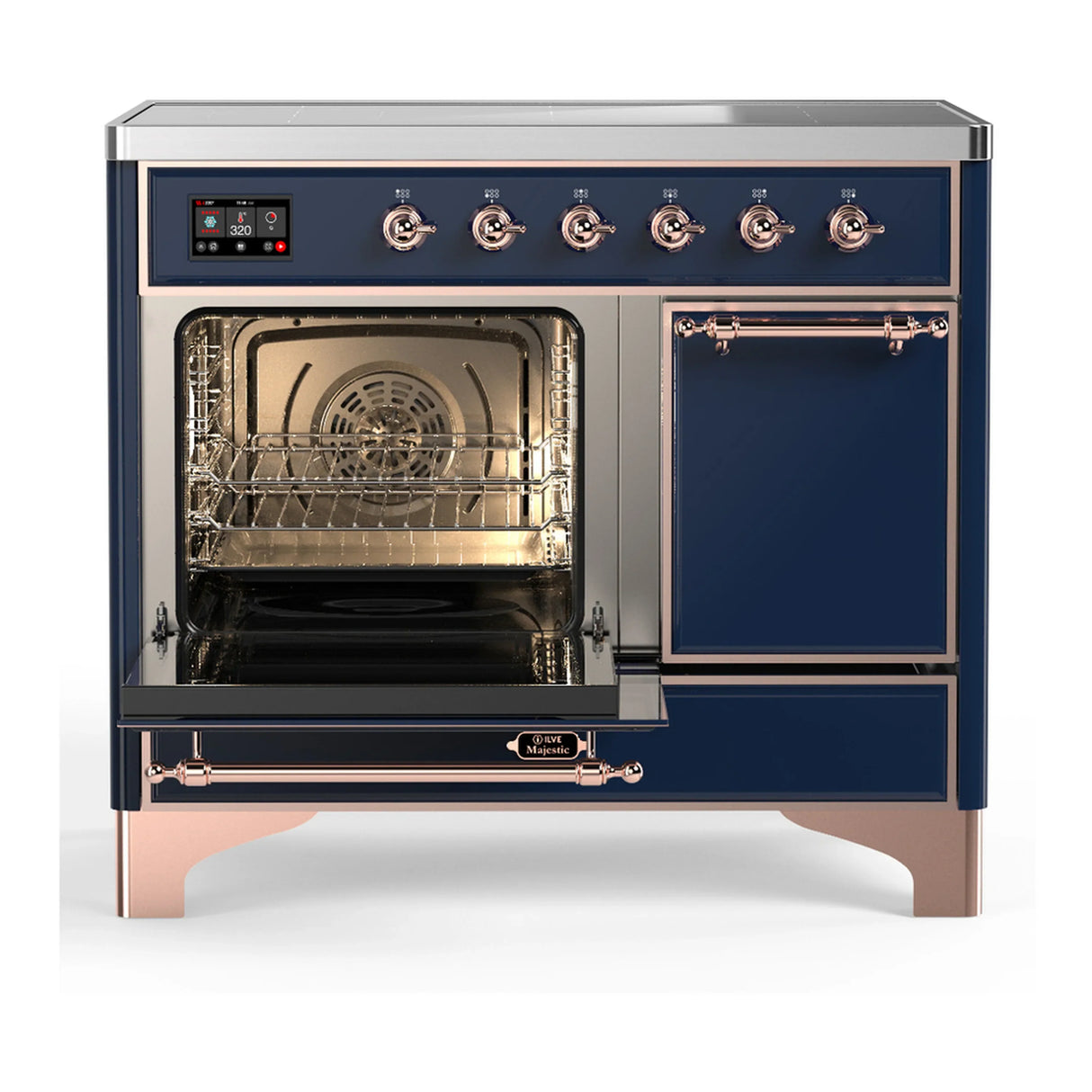 ILVE Majestic III 40-Inch Induction Range with 6 Induction Elements and Solid Door Electric Oven in Mightnight Blue with Copper Trim (UMDIB40QNR3MBP)