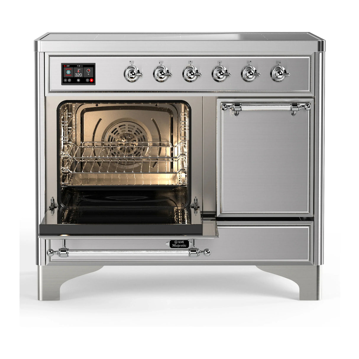 ILVE Majestic III 40-Inch Induction Range with 6 Induction Elements and Solid Door Electric Oven in Stainless Steel with Chrome Trim (UMDIB40QNR3SSC)
