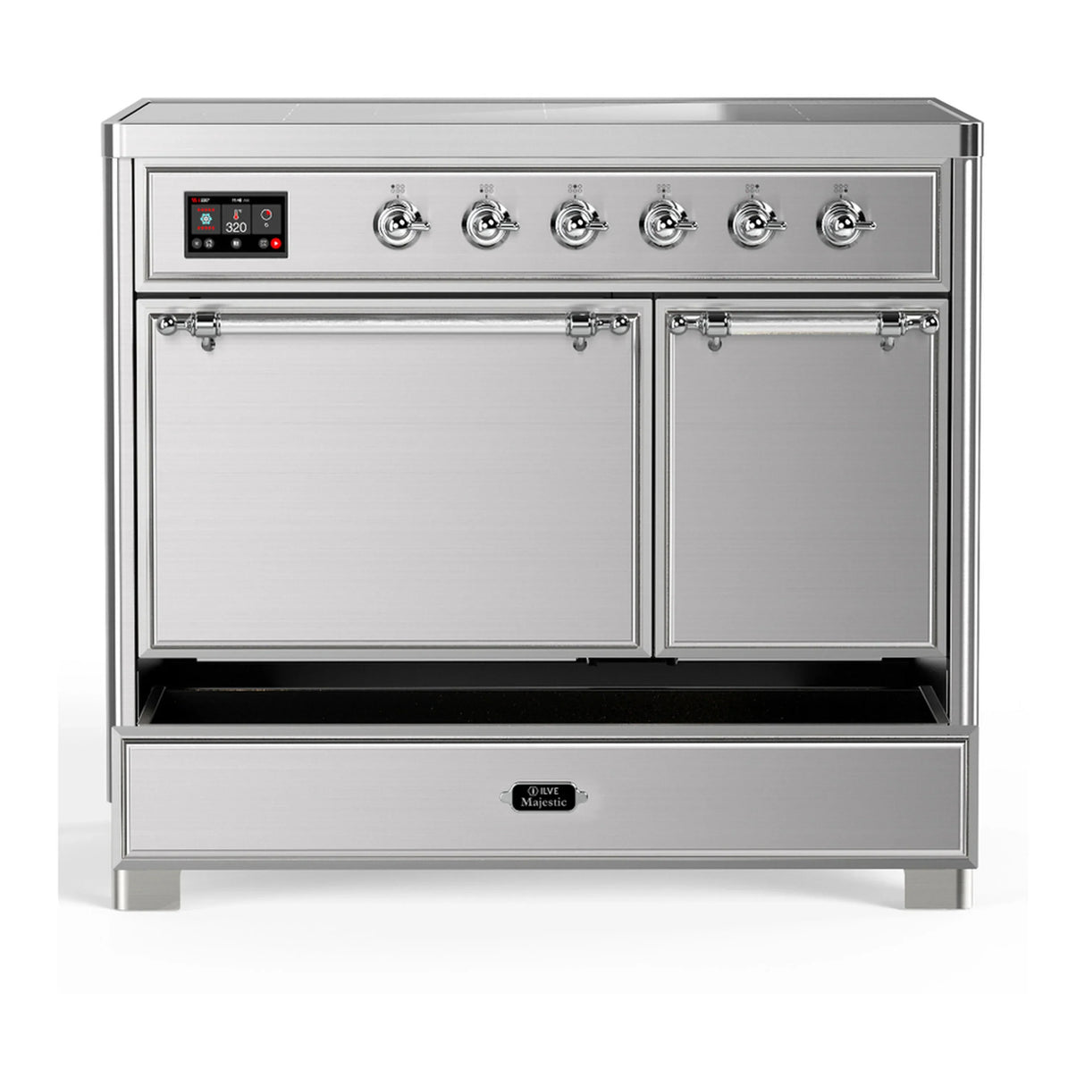 ILVE Majestic III 40-Inch Induction Range with 6 Induction Elements and Solid Door Electric Oven in Stainless Steel with Chrome Trim (UMDIB40QNR3SSC)