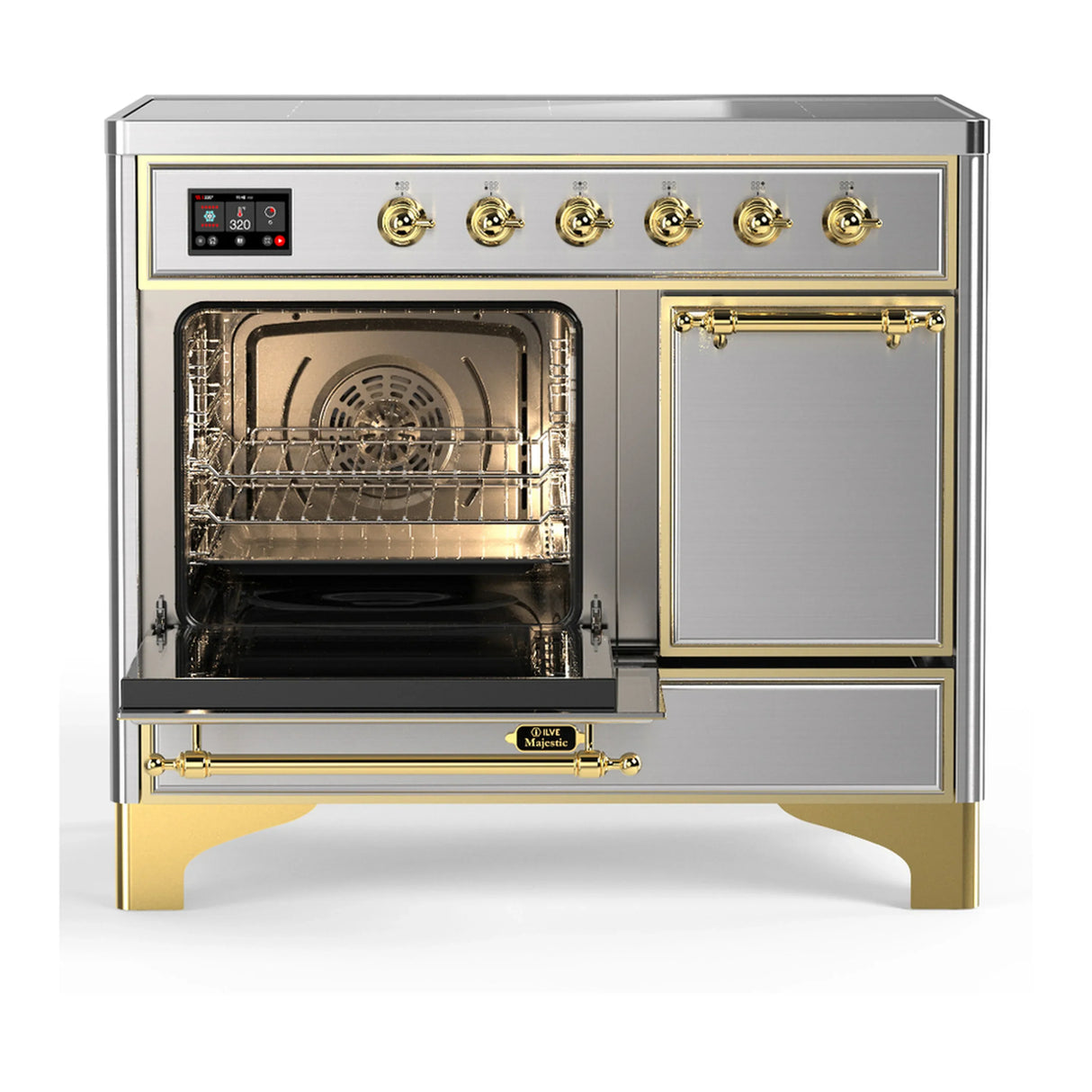 ILVE Majestic III 40-Inch Induction Range with 6 Induction Elements and Solid Door Electric Oven in Stainless Steel with Brass Trim (UMDIB40QNR3SSG)