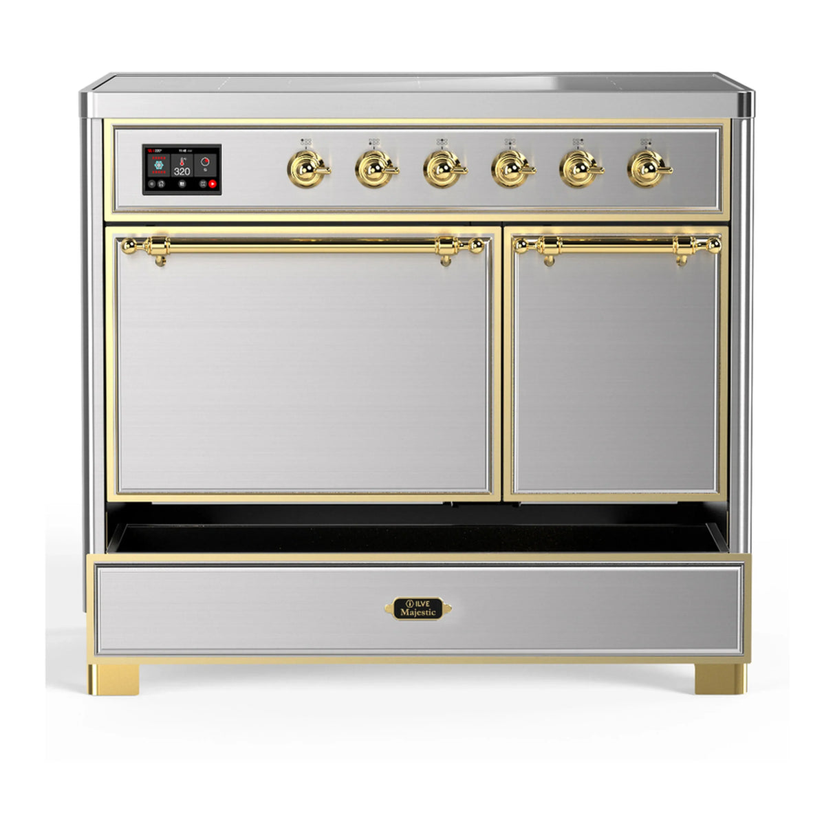 ILVE Majestic III 40-Inch Induction Range with 6 Induction Elements and Solid Door Electric Oven in Stainless Steel with Brass Trim (UMDIB40QNR3SSG)