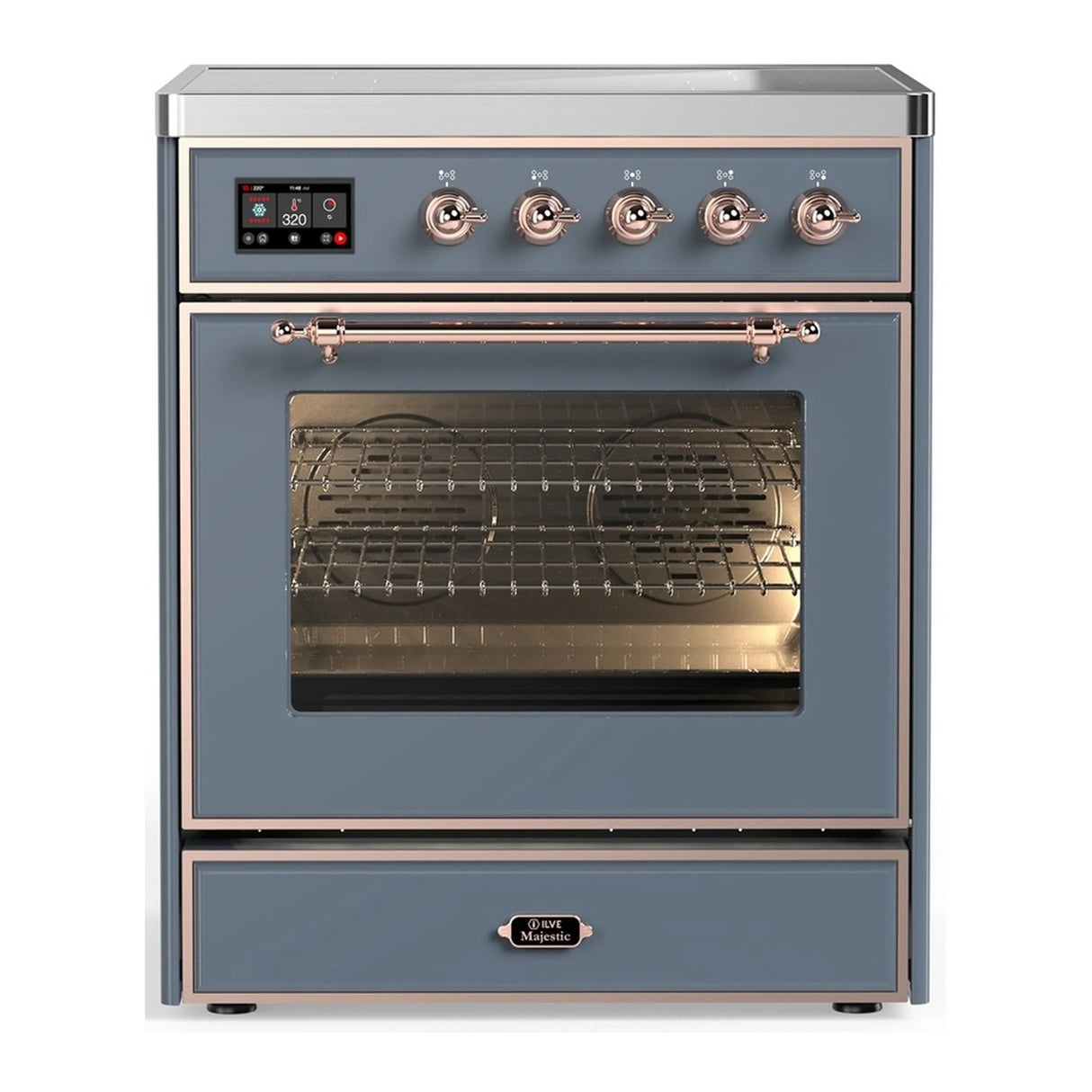 ILVE Majestic III 30-Inch Induction Range with 4 Induction Elements and Triple Glass Door Electric Oven in Blue Grey with Copper Trim (UMIB30NR3BGP)