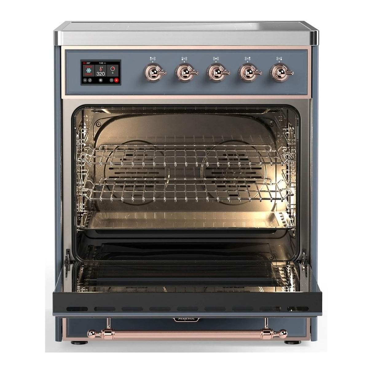 ILVE Majestic III 30-Inch Induction Range with 4 Induction Elements and Triple Glass Door Electric Oven in Blue Grey with Copper Trim (UMIB30NR3BGP)