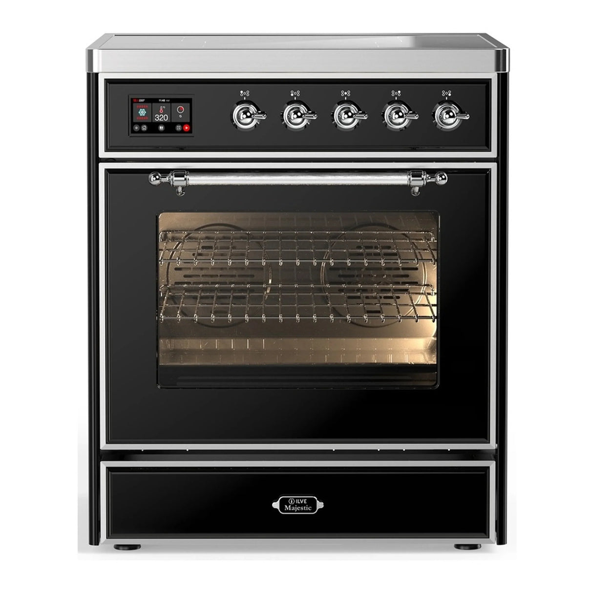 ILVE Majestic III 30-Inch Induction Range with 4 Induction Elements and Triple Glass Door Electric Oven in Glossy Black with Chrome Trim (UMIB30NR3BKC)