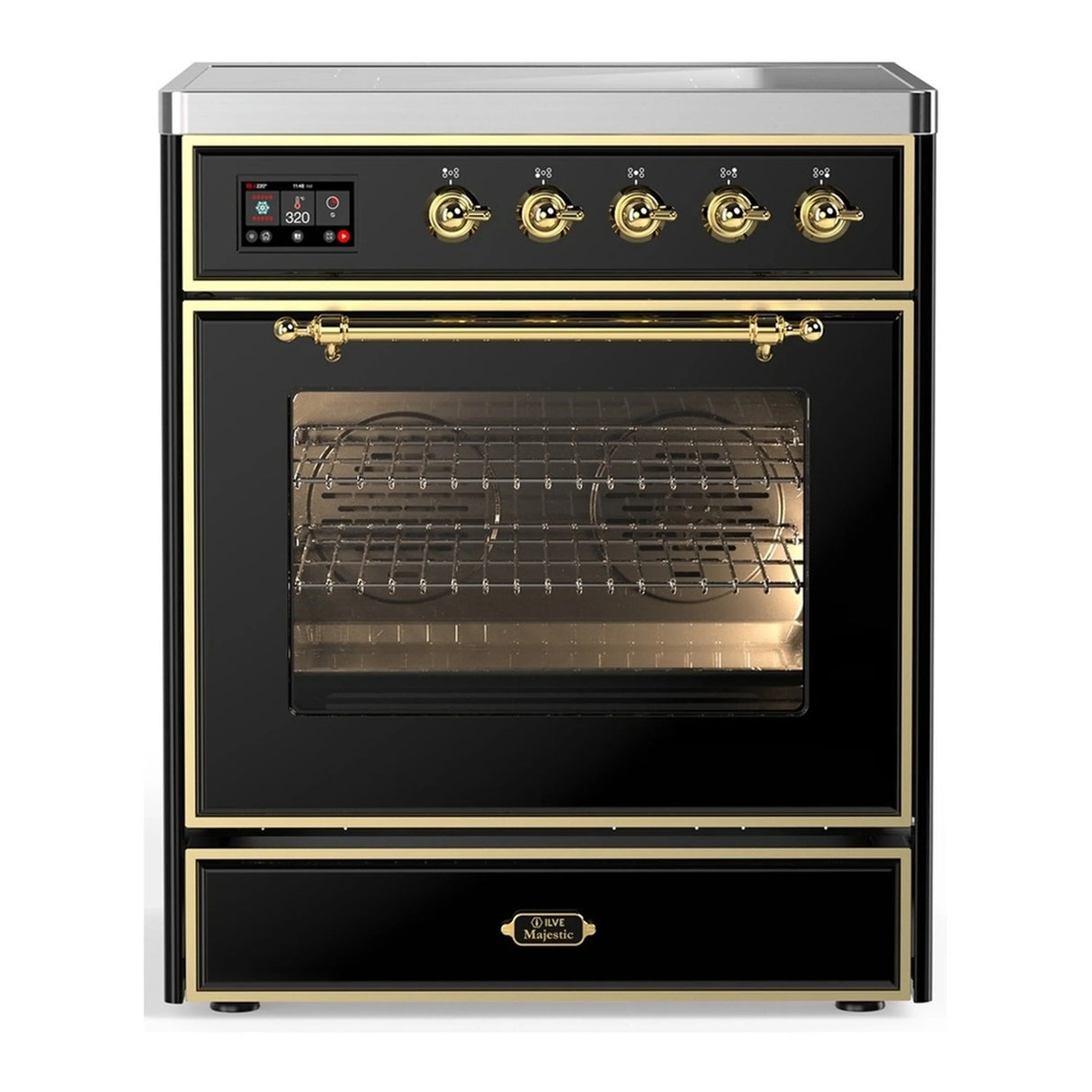 ILVE Majestic III 30-Inch Induction Range with 4 Induction Elements and Triple Glass Door Electric Oven in Glossy Black with Brass Trim (UMIB30NR3BKG)