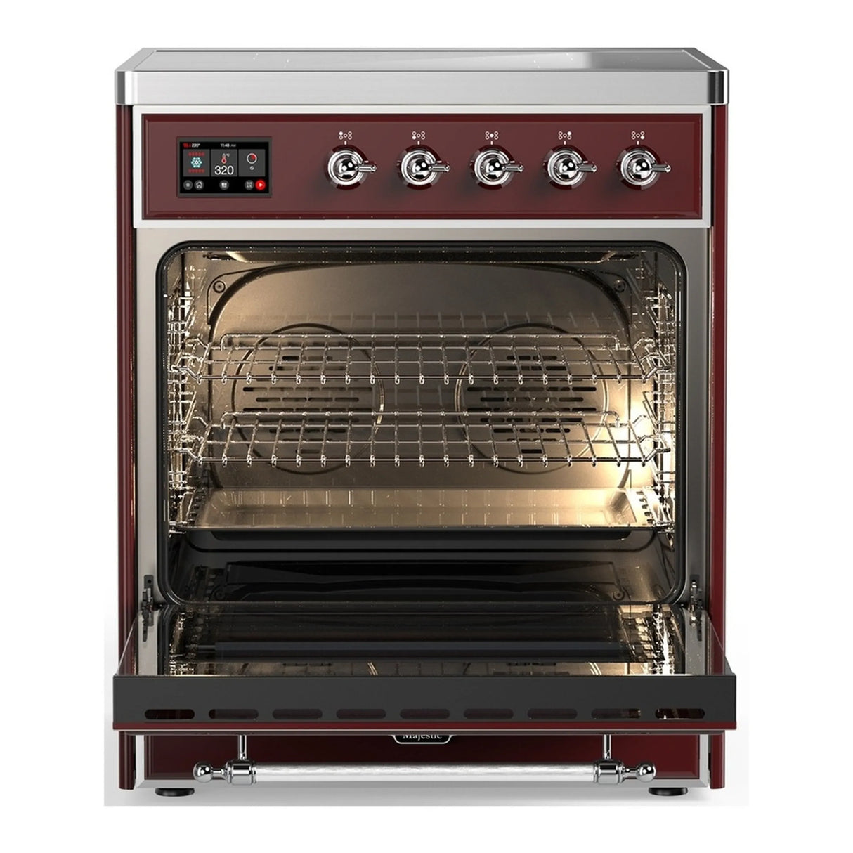 ILVE Majestic III 30-Inch Induction Range with 4 Induction Elements and Triple Glass Door Electric Oven in Burgundy with Chrome Trim (UMIB30NR3BUC)