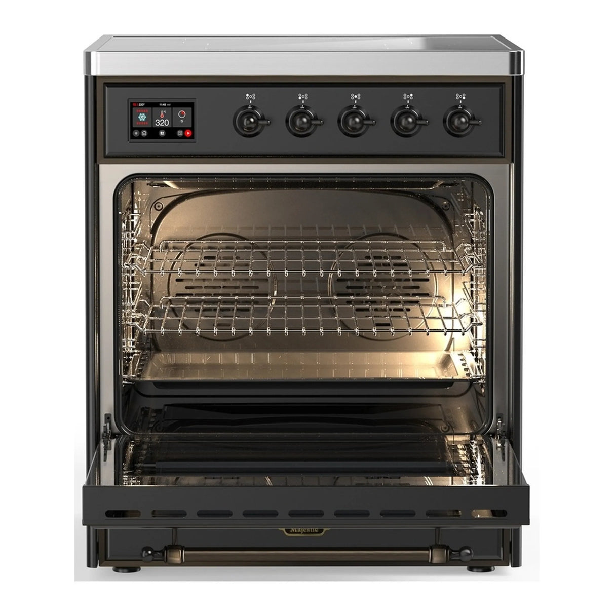 ILVE Majestic III 30-Inch Induction Range with 4 Induction Elements and Triple Glass Door Electric Oven in Matte Graphite with Burnished Trim (UMIB30NR3MGB)