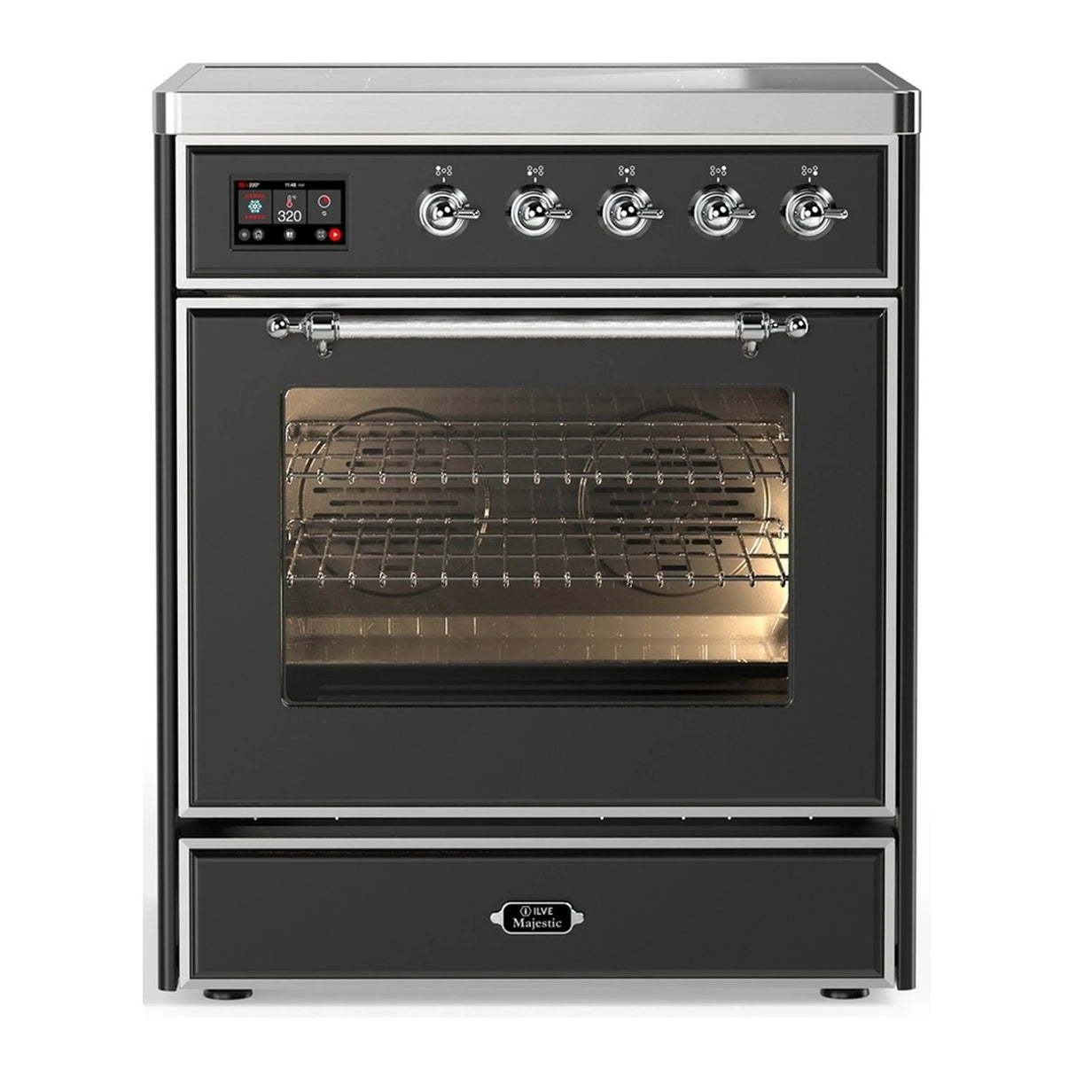 ILVE Majestic III 30-Inch Induction Range with 4 Induction Elements and Triple Glass Door Electric Oven in Matte Graphite with Chrome Trim (UMIB30NR3MGC)