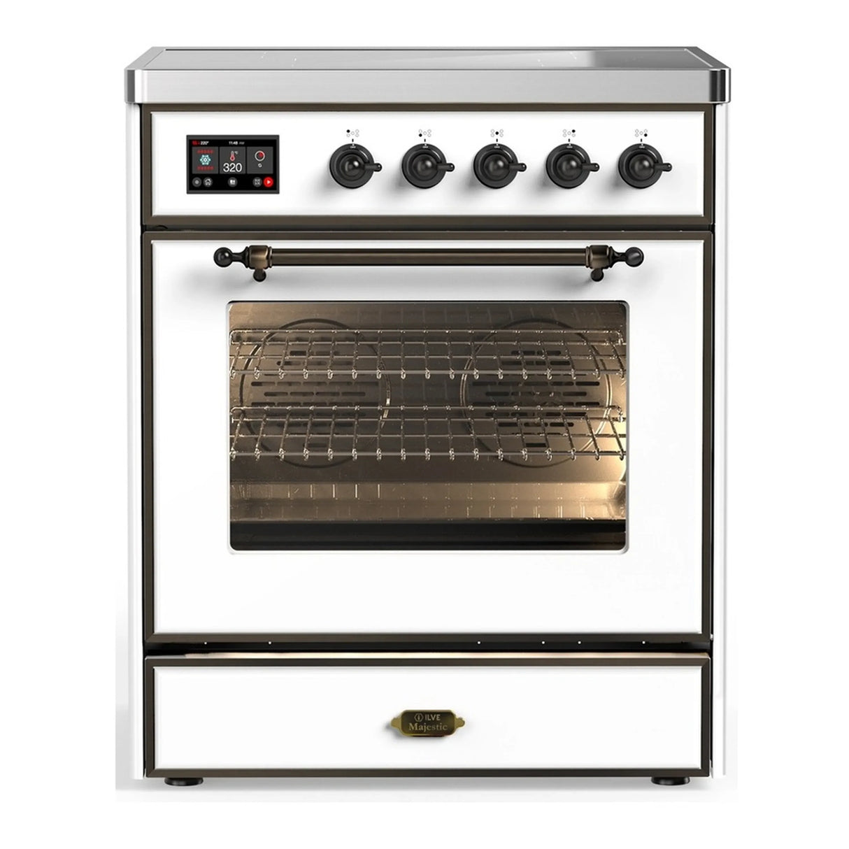ILVE Majestic III 30-Inch Induction Range with 4 Induction Elements and Triple Glass Door Electric Oven in White with Burnished Trim (UMIB30NR3WHB)