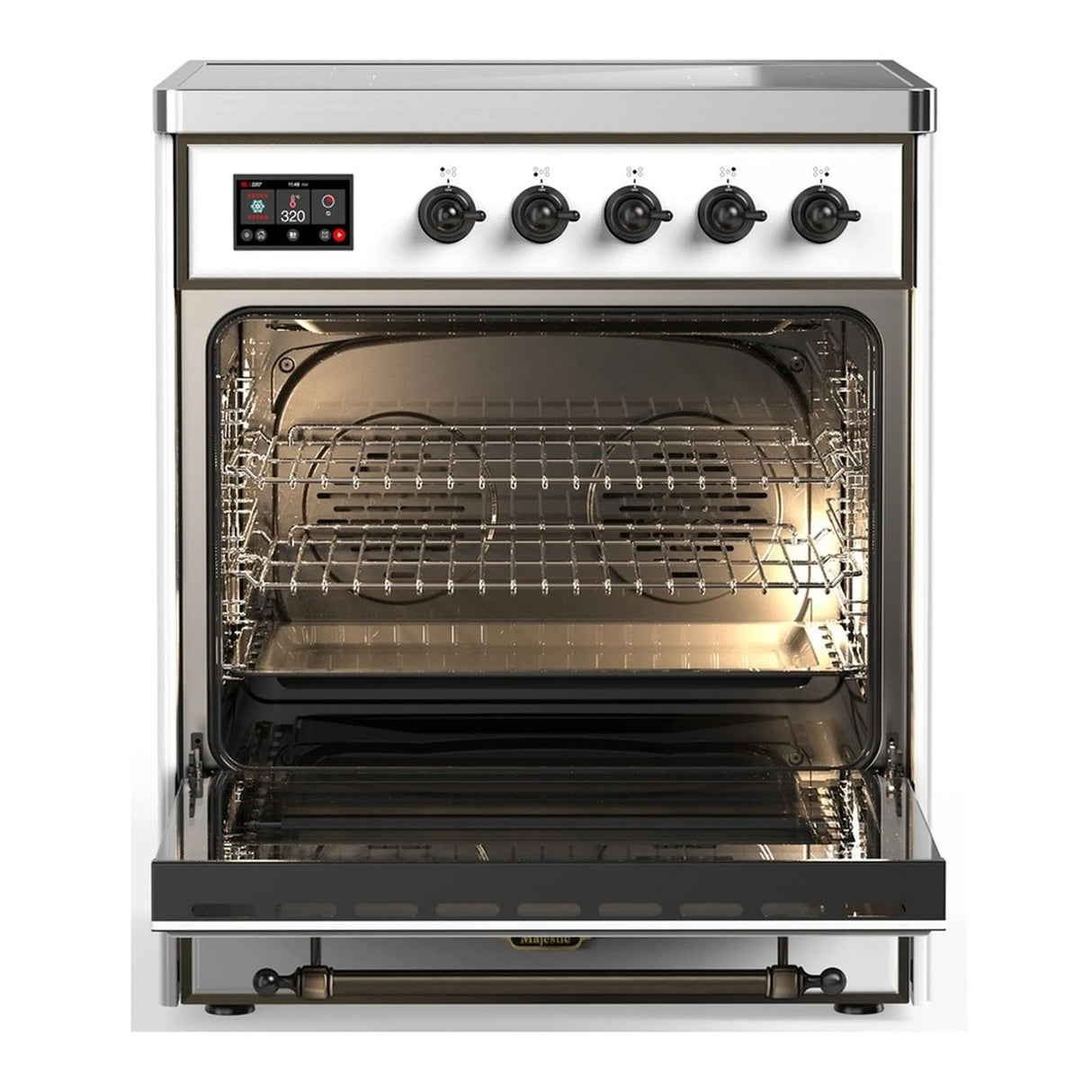 ILVE Majestic III 30-Inch Induction Range with 4 Induction Elements and Triple Glass Door Electric Oven in White with Burnished Trim (UMIB30NR3WHB)