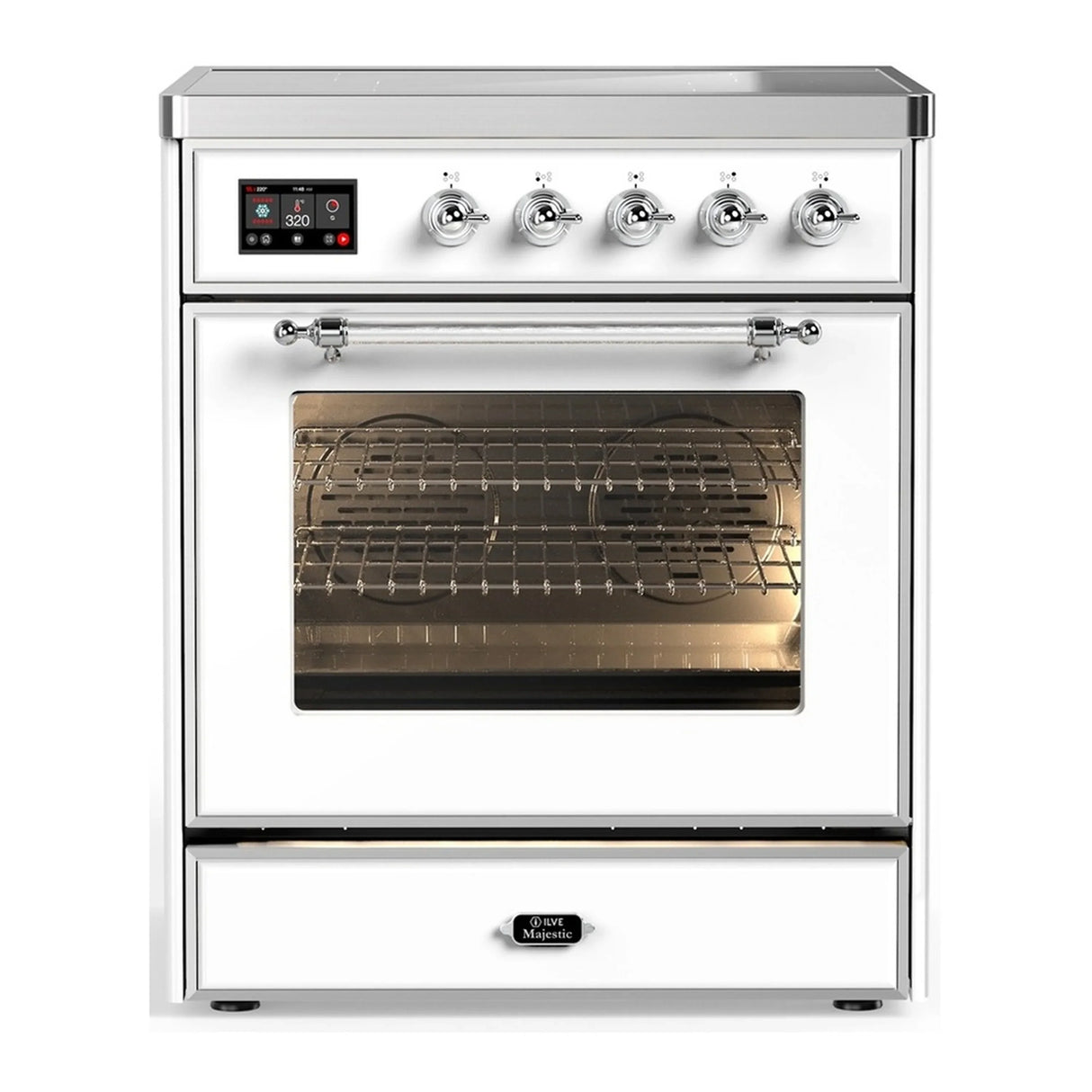 ILVE Majestic III 30-Inch Induction Range with 4 Induction Elements and Triple Glass Door Electric Oven in White with Chrome Trim (UMIB30NR3WHC)