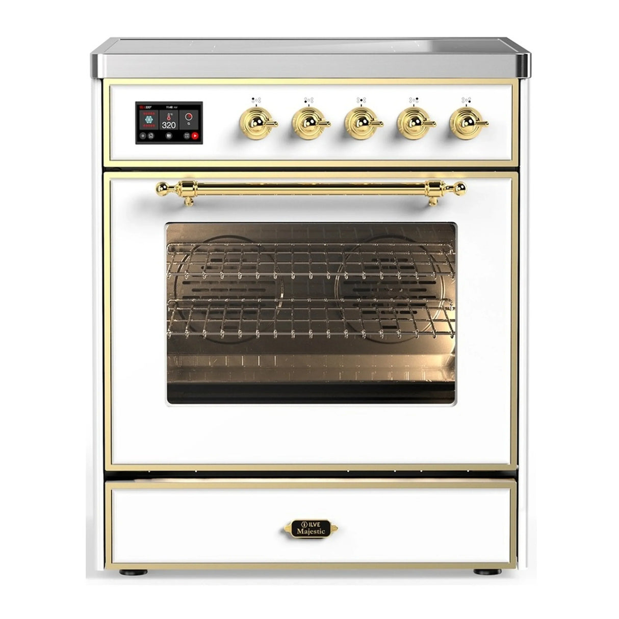 ILVE Majestic III 30-Inch Induction Range with 4 Induction Elements and Triple Glass Door Electric Oven in White with Brass Trim (UMIB30NR3WHG)