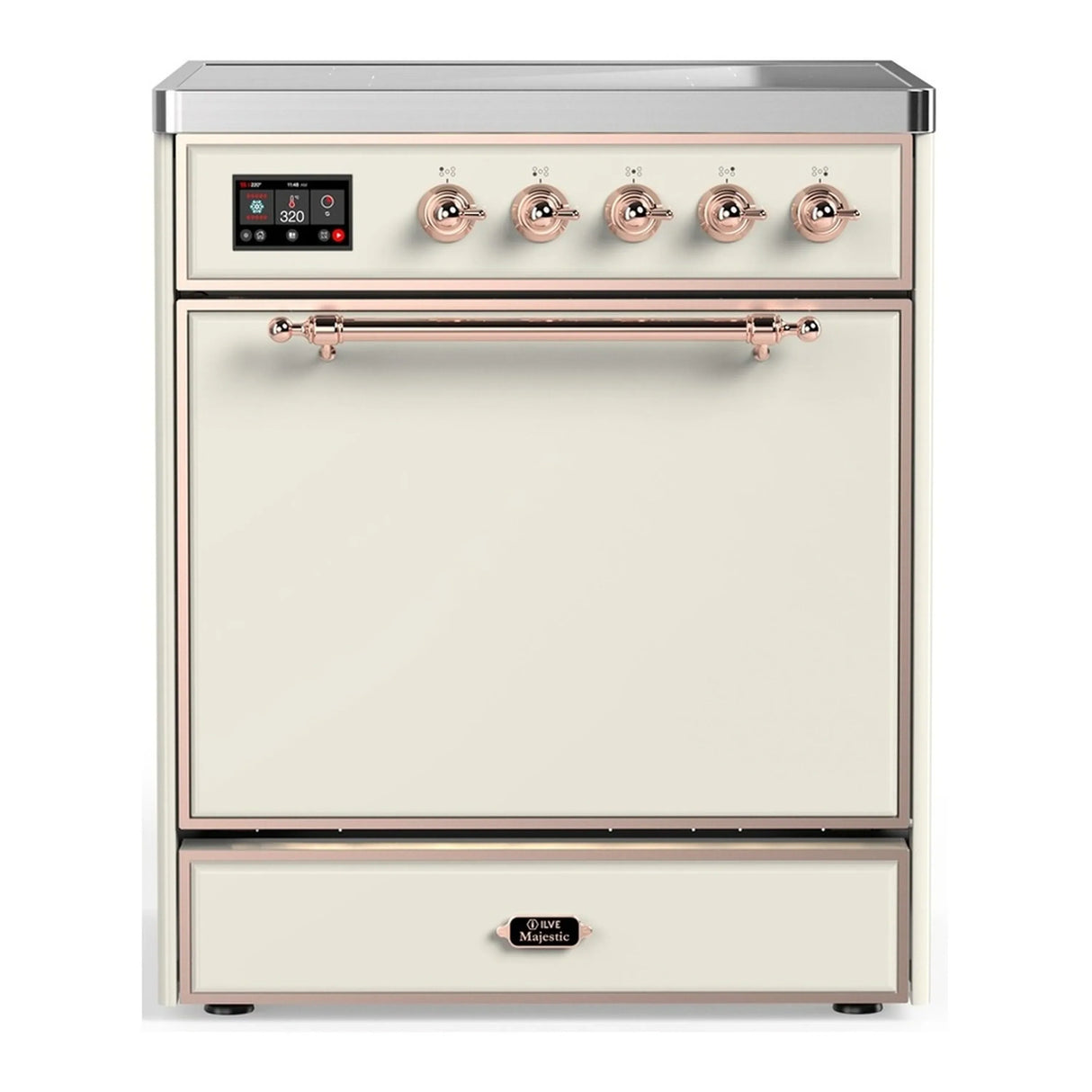 ILVE Majestic III 30-Inch Induction Range with 4 Induction Elements and Solid Door Electric Oven in Antique White with Copper Trim (UMIB30QNR3AWP)