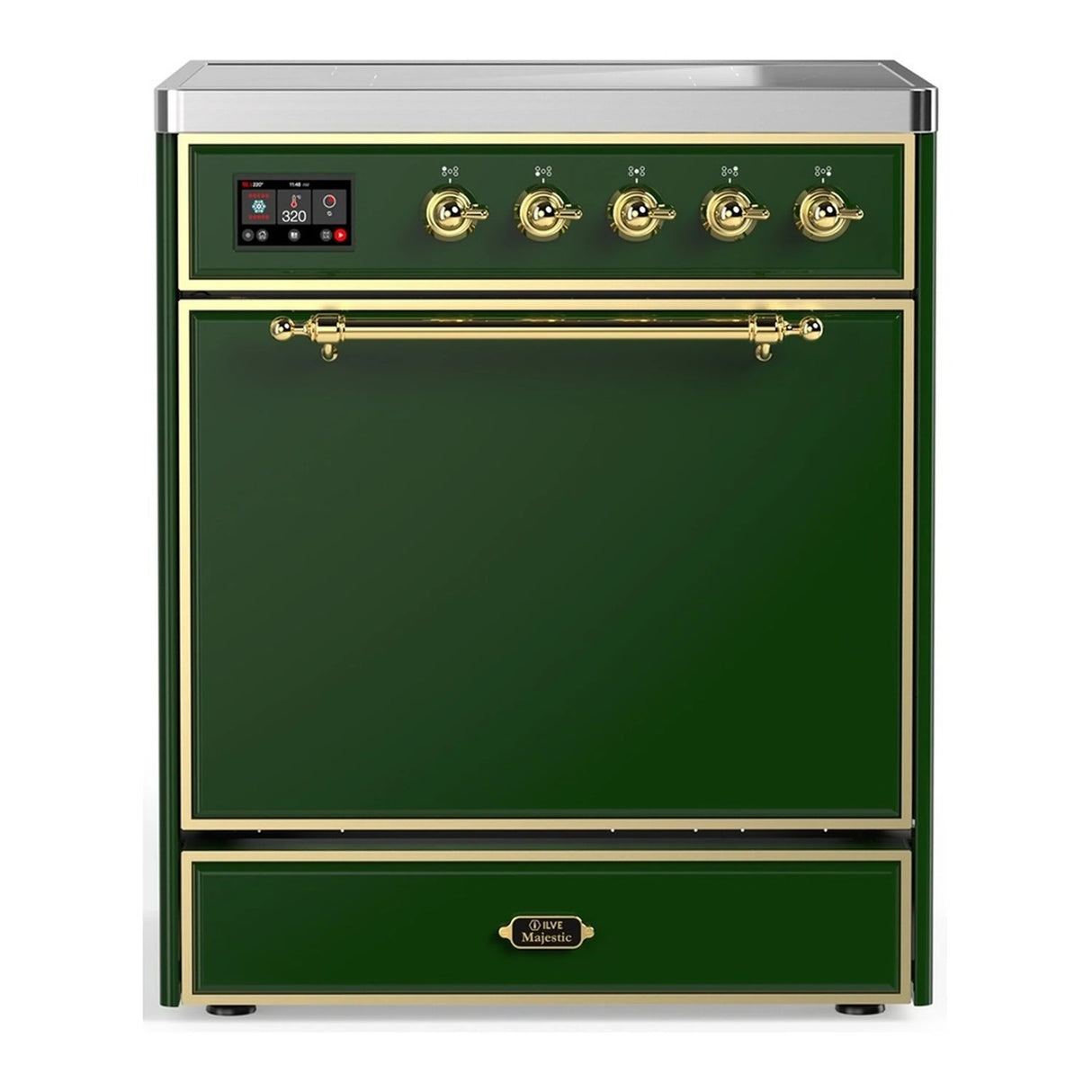 ILVE Majestic III 30-Inch Induction Range with 4 Induction Elements and Solid Door Electric Oven in Emerald Green with Brass Trim (UMIB30QNR3EGG)