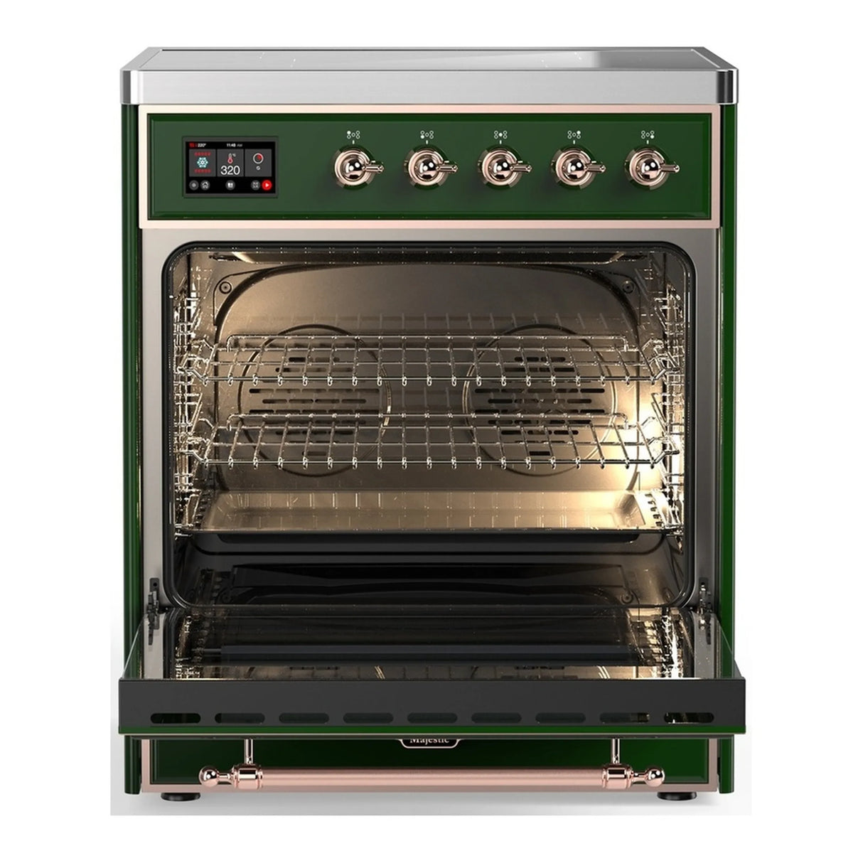 ILVE Majestic III 30-Inch Induction Range with 4 Induction Elements and Solid Door Electric Oven in Emerald Green with Copper Trim (UMIB30QNR3EGP)