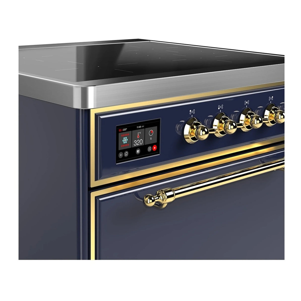 ILVE Majestic III 30-Inch Induction Range with 4 Induction Elements and Solid Door Electric Oven in Mightnight Blue with Brass Trim (UMIB30QNR3MBG)