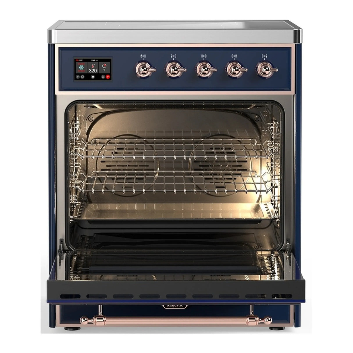 ILVE Majestic III 30-Inch Induction Range with 4 Induction Elements and Solid Door Electric Oven in Mightnight Blue with Copper Trim (UMIB30QNR3MBP)