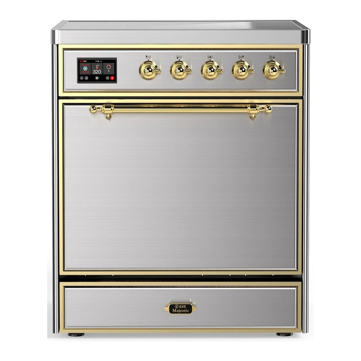 ILVE Majestic III 30-Inch Induction Range with 4 Induction Elements and Solid Door Electric Oven in Stainless Steel with Brass Trim (UMIB30QNR3SSG)