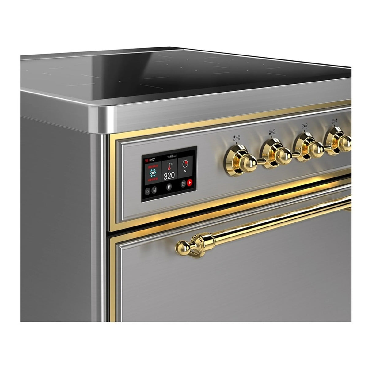 ILVE Majestic III 30-Inch Induction Range with 4 Induction Elements and Solid Door Electric Oven in Stainless Steel with Brass Trim (UMIB30QNR3SSG)