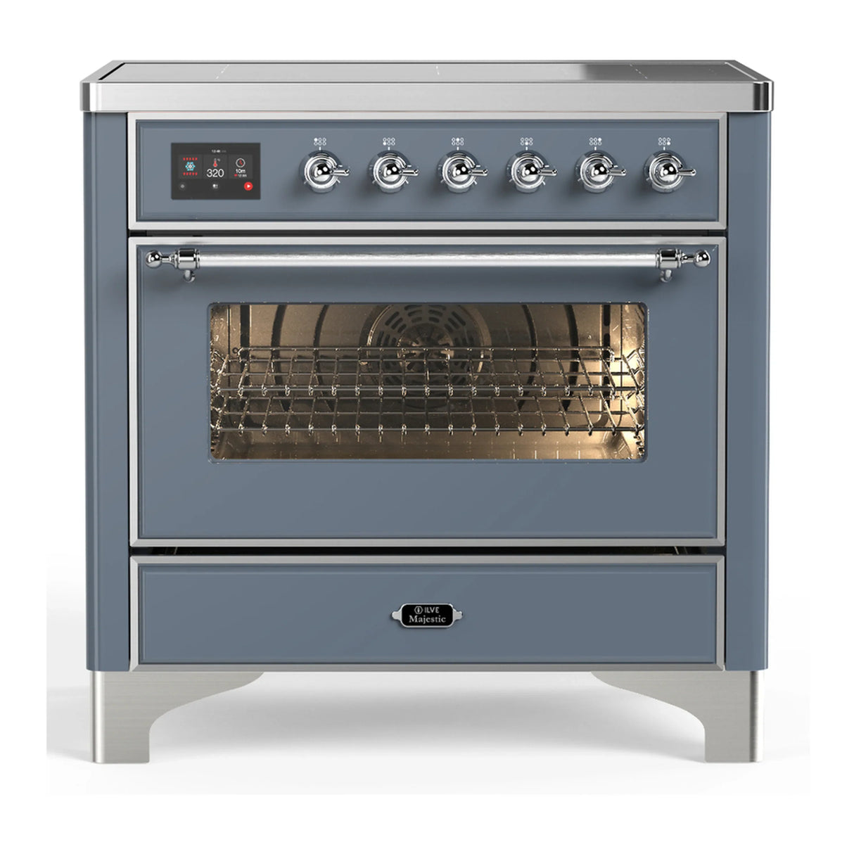 ILVE Majestic III 36-Inch Induction Range with 6 Induction Elements and Triple Glass Door Electric Oven in Blue Grey with Chrome Trim (UMIB36NR3BGC)