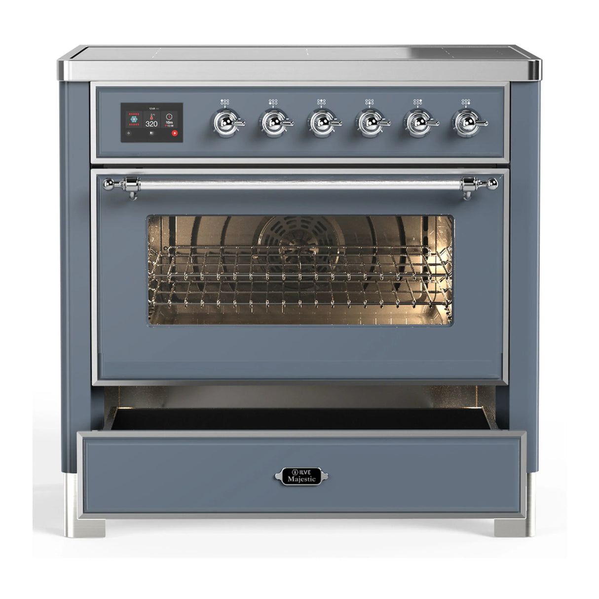 ILVE Majestic III 36-Inch Induction Range with 6 Induction Elements and Triple Glass Door Electric Oven in Blue Grey with Chrome Trim (UMIB36NR3BGC)