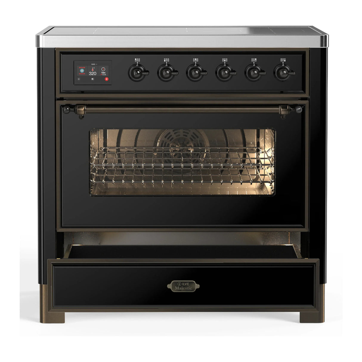 ILVE Majestic III 36-Inch Induction Range with 6 Induction Elements and Triple Glass Door Electric Oven in Glossy Black with Burnished Trim (UMIB36NR3BKB)
