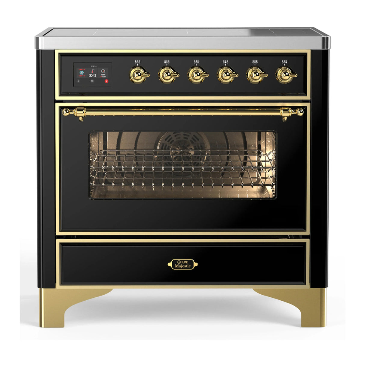 ILVE Majestic III 36-Inch Induction Range with 6 Induction Elements and Triple Glass Door Electric Oven in Glossy Black with Brass Trim (UMIB36NR3BKG)