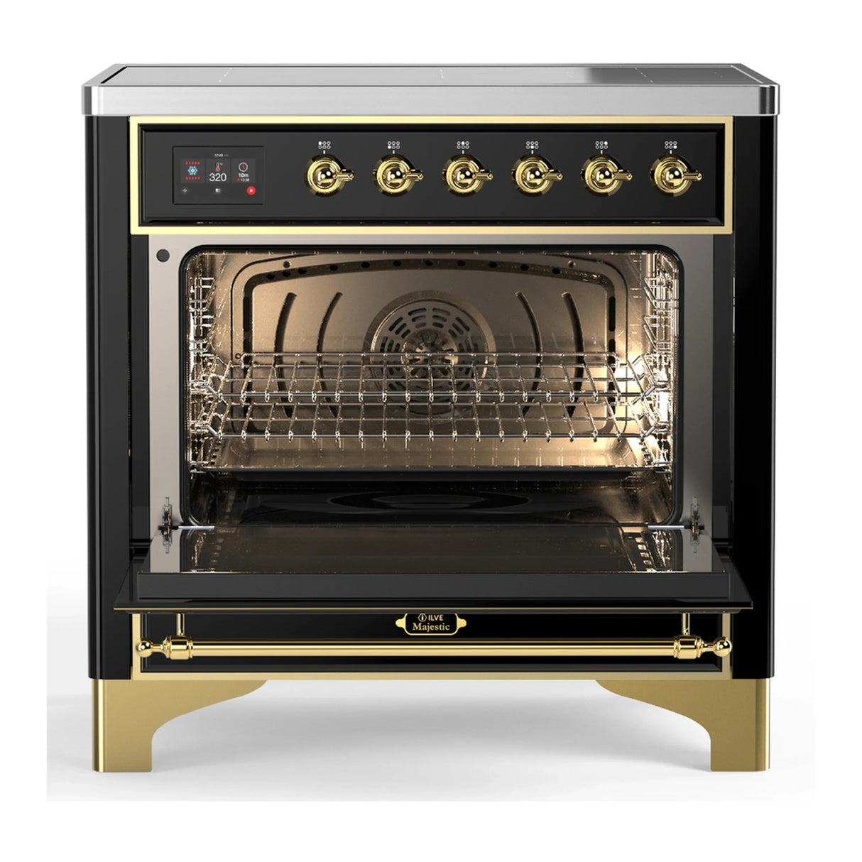 ILVE Majestic III 36-Inch Induction Range with 6 Induction Elements and Triple Glass Door Electric Oven in Glossy Black with Brass Trim (UMIB36NR3BKG)