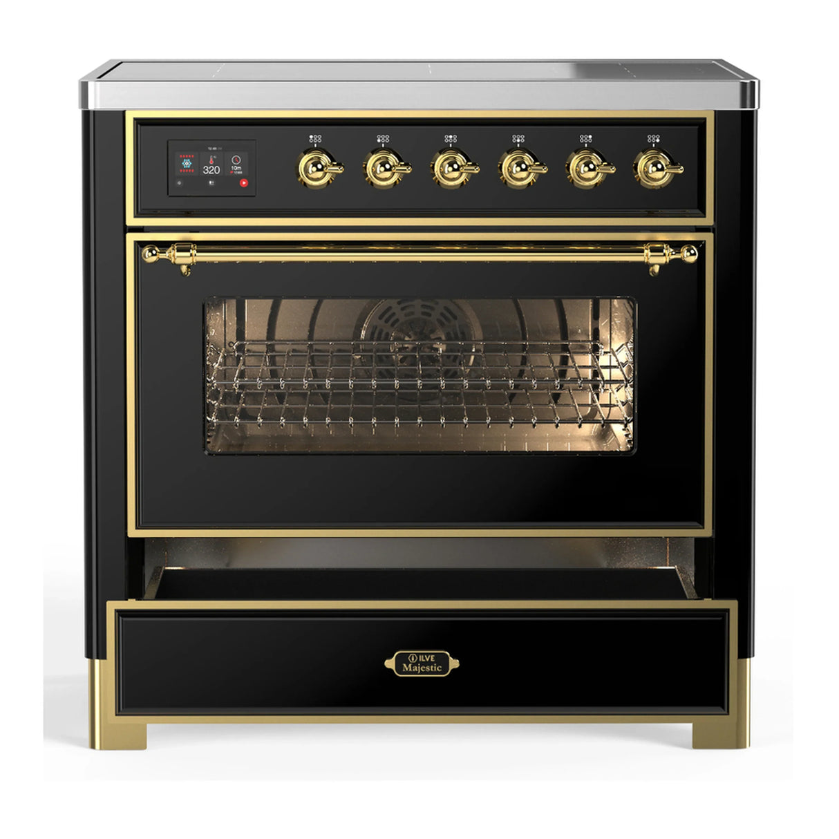 ILVE Majestic III 36-Inch Induction Range with 6 Induction Elements and Triple Glass Door Electric Oven in Glossy Black with Brass Trim (UMIB36NR3BKG)