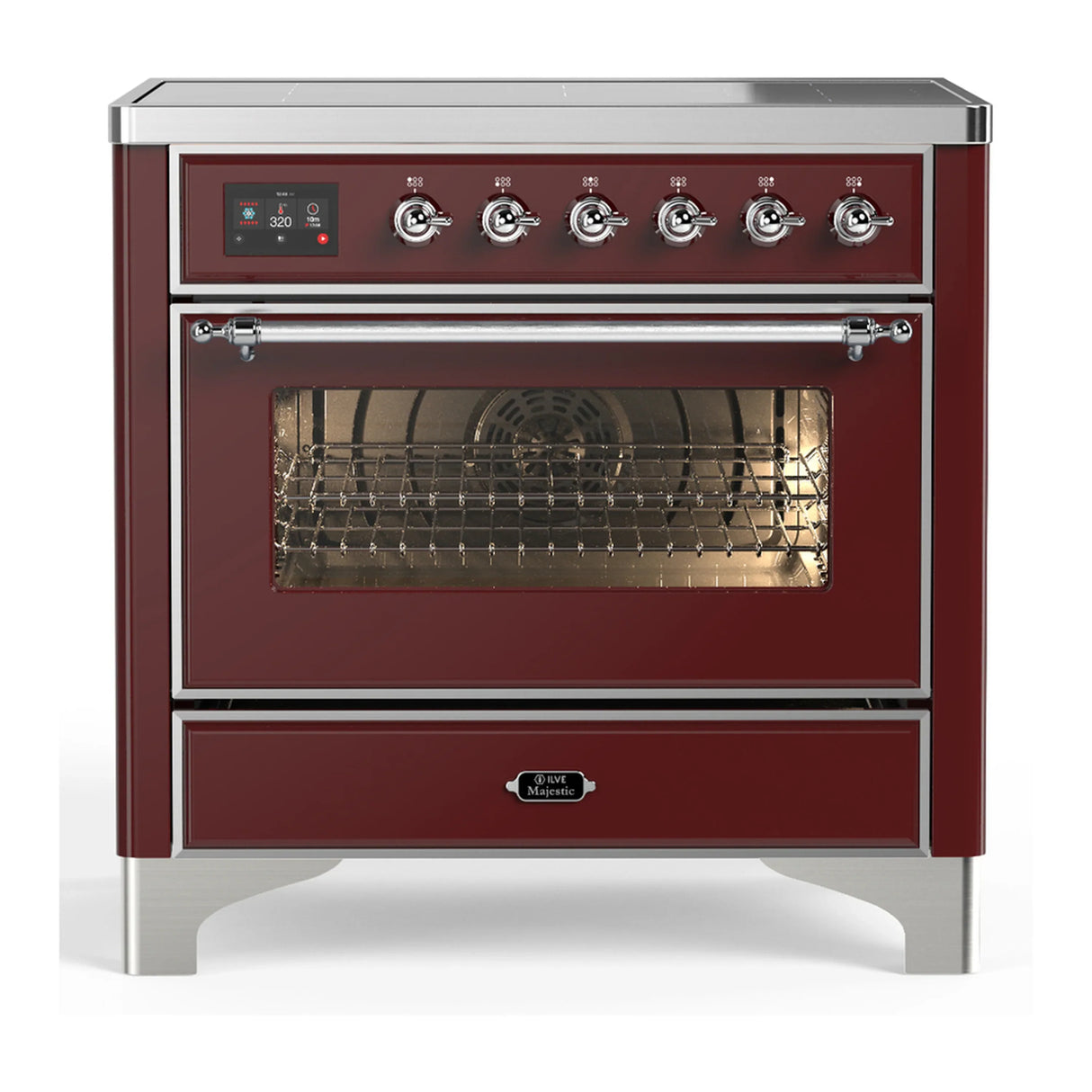 ILVE Majestic III 36-Inch Induction Range with 6 Induction Elements and Triple Glass Door Electric Oven in Burgundy with Chrome Trim (UMIB36NR3BUC)