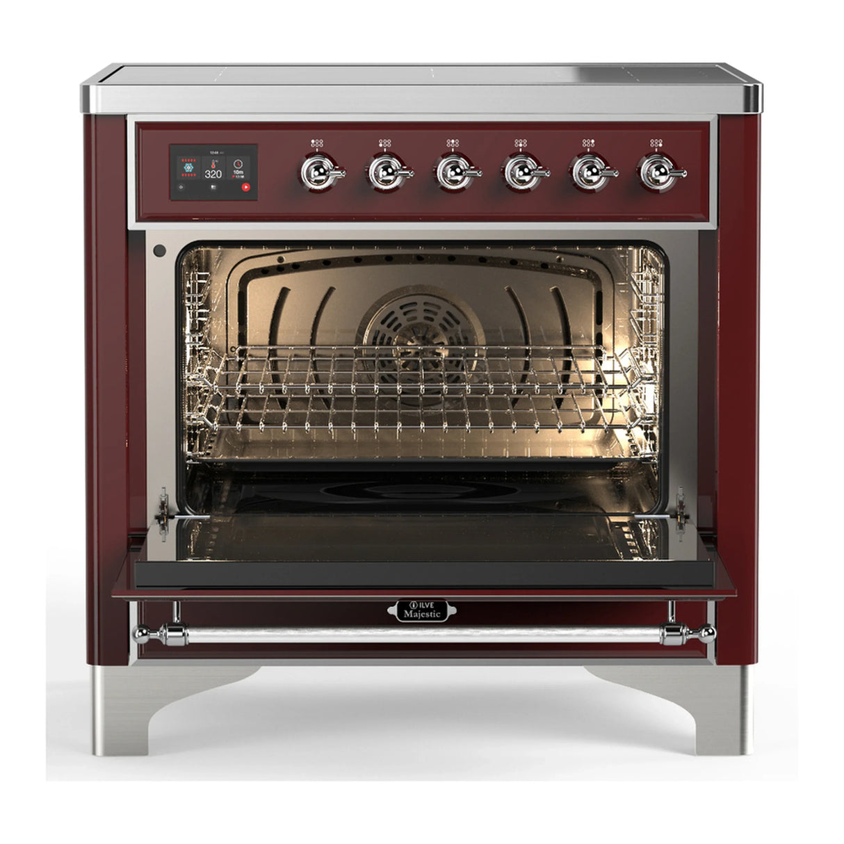 ILVE Majestic III 36-Inch Induction Range with 6 Induction Elements and Triple Glass Door Electric Oven in Burgundy with Chrome Trim (UMIB36NR3BUC)