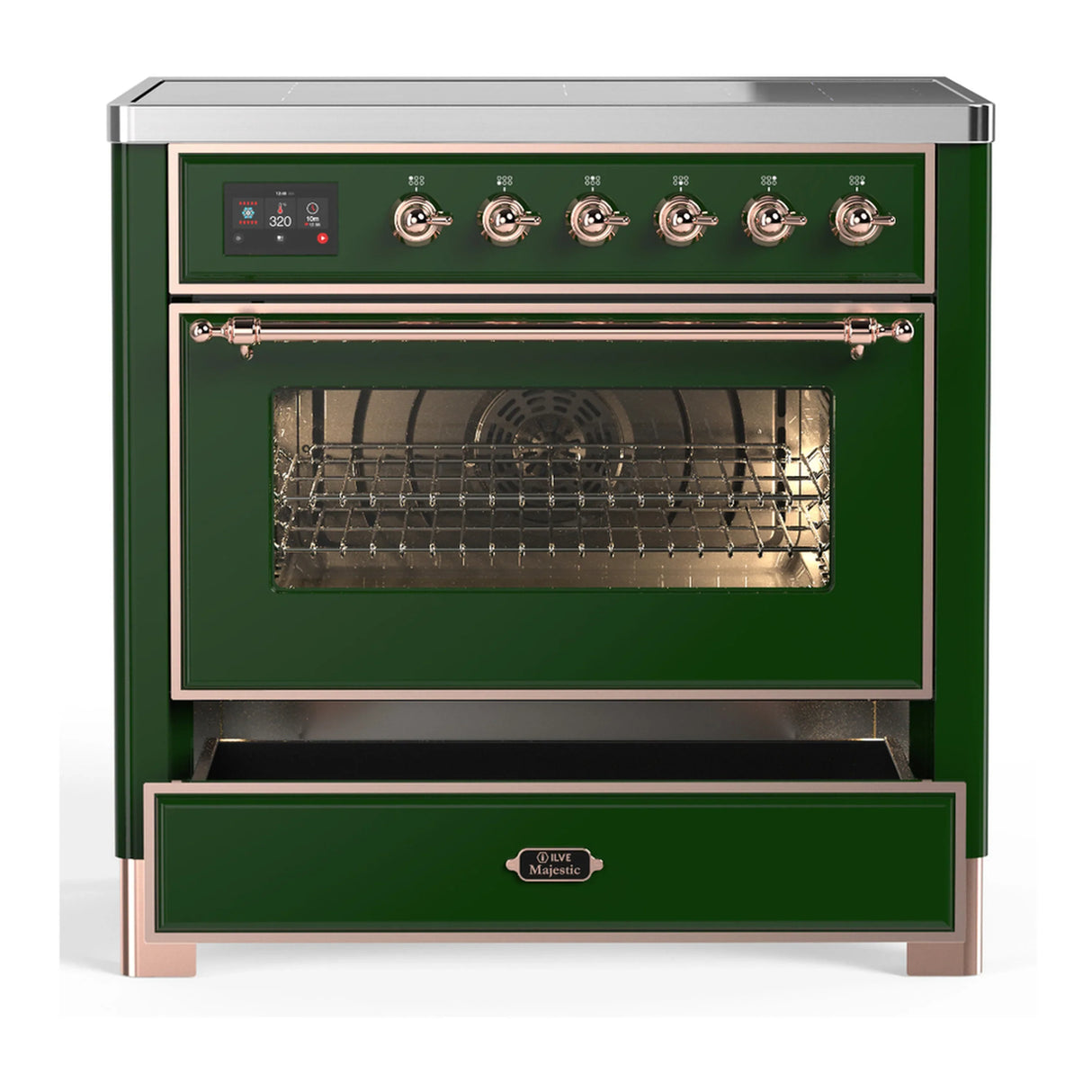 ILVE Majestic III 36-Inch Induction Range with 6 Induction Elements and Triple Glass Door Electric Oven in Emerald Green with Copper Trim (UMIB36NR3EGP)