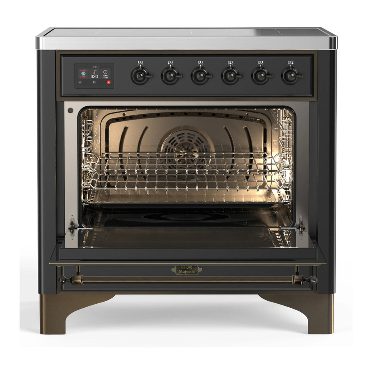 ILVE Majestic III 36-Inch Induction Range with 6 Induction Elements and Triple Glass Door Electric Oven in Matte Graphite with Burnished Trim (UMIB36NR3MGB)