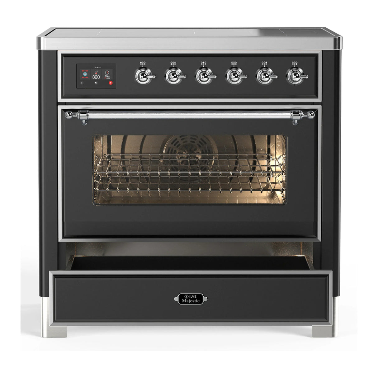 ILVE Majestic III 36-Inch Induction Range with 6 Induction Elements and Triple Glass Door Electric Oven in Matte Graphite with Chrome Trim (UMIB36NR3MGC)
