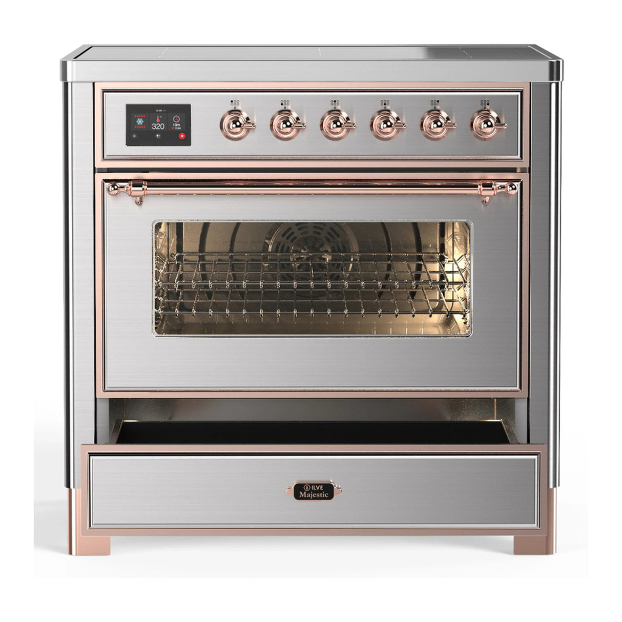 ILVE Majestic III 36-Inch Induction Range with 6 Induction Elements and Triple Glass Door Electric Oven in Stainless Steel with Copper Trim (UMIB36NR3SSP)