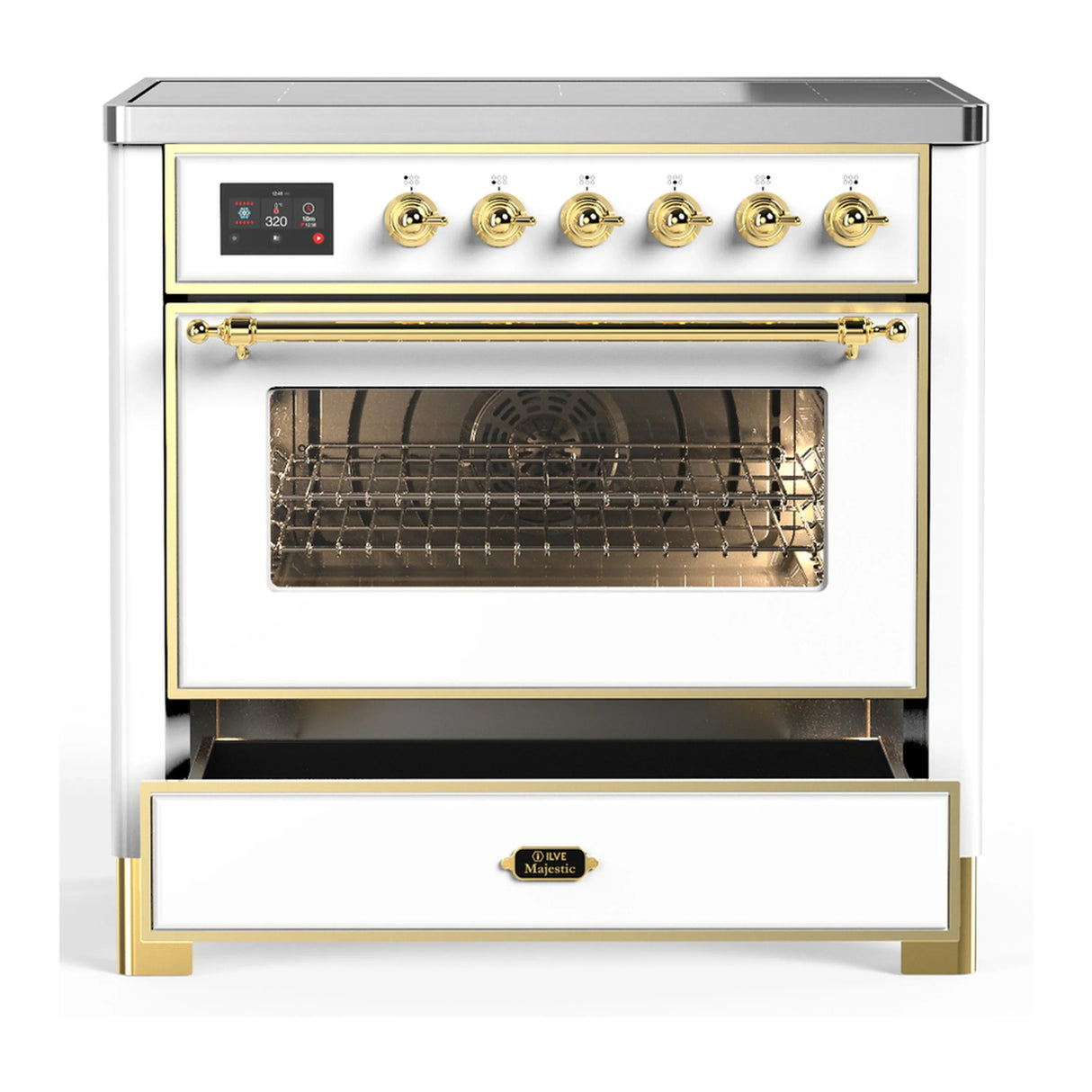 ILVE Majestic III 36-Inch Induction Range with 6 Induction Elements and Triple Glass Door Electric Oven in White with Brass Trim (UMIB36NR3WHG)