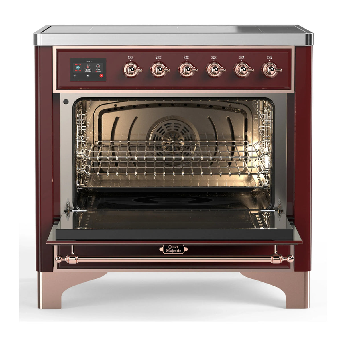 ILVE Majestic III 36-Inch Induction Range with 6 Induction Elements and Solid Door Electric Oven in Burgundy with Copper Trim (UMIB36QNR3BUP)