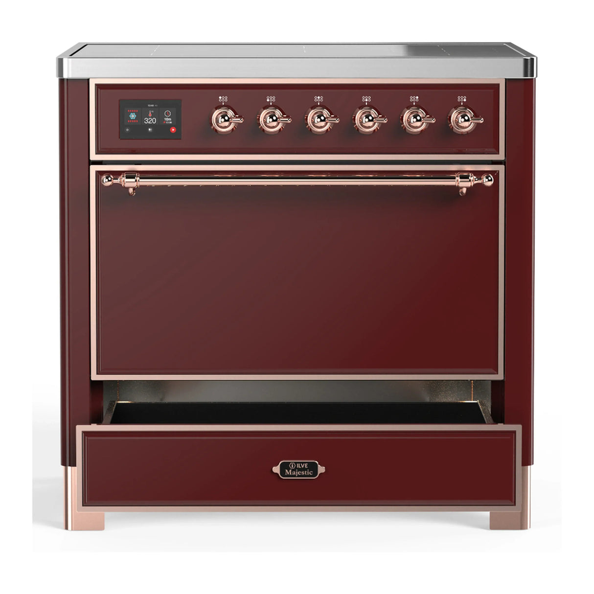 ILVE Majestic III 36-Inch Induction Range with 6 Induction Elements and Solid Door Electric Oven in Burgundy with Copper Trim (UMIB36QNR3BUP)