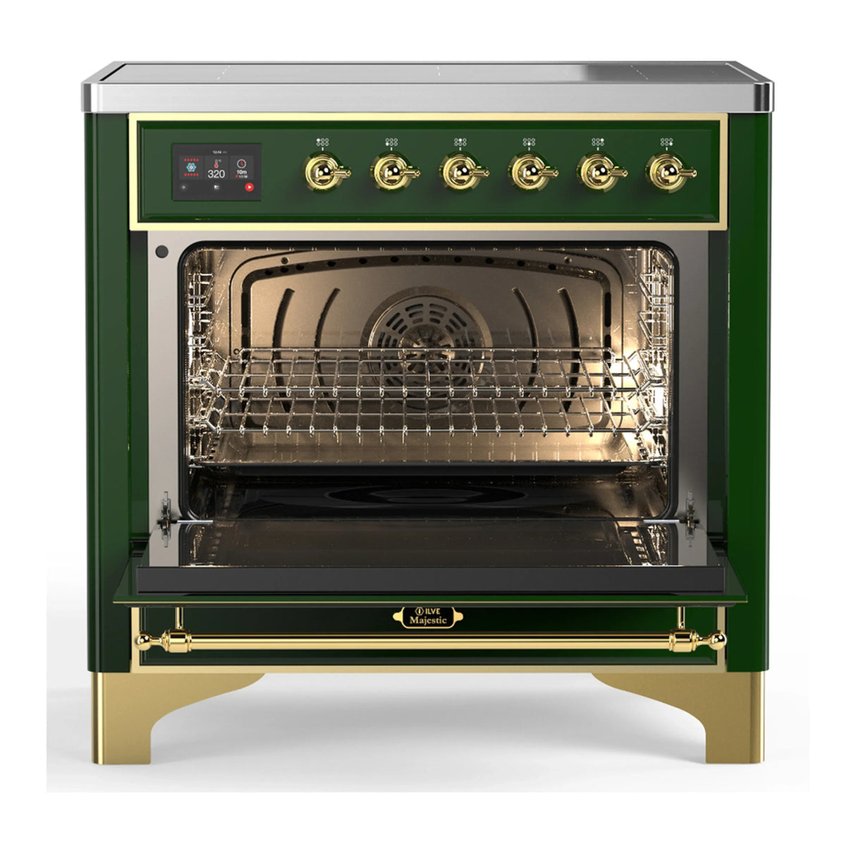 ILVE Majestic III 36-Inch Induction Range with 6 Induction Elements and Solid Door Electric Oven in Emerald Green with Brass Trim (UMIB36QNR3EGG)