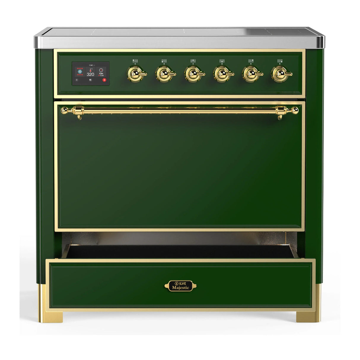 ILVE Majestic III 36-Inch Induction Range with 6 Induction Elements and Solid Door Electric Oven in Emerald Green with Brass Trim (UMIB36QNR3EGG)