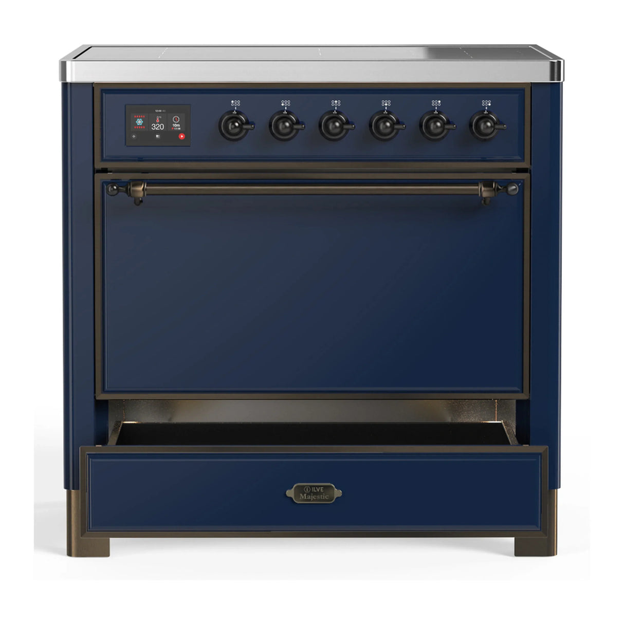 ILVE Majestic III 36-Inch Induction Range with 6 Induction Elements and Solid Door Electric Oven in Mightnight Blue with Burnished Trim (UMIB36QNR3MBB)