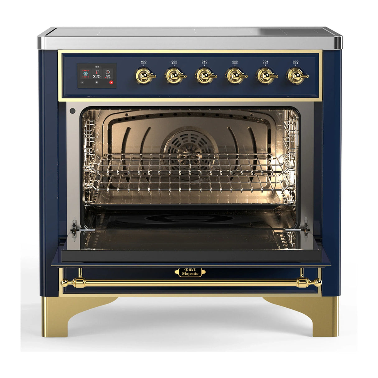 ILVE Majestic III 36-Inch Induction Range with 6 Induction Elements and Solid Door Electric Oven in Mightnight Blue with Brass Trim (UMIB36QNR3MBG)