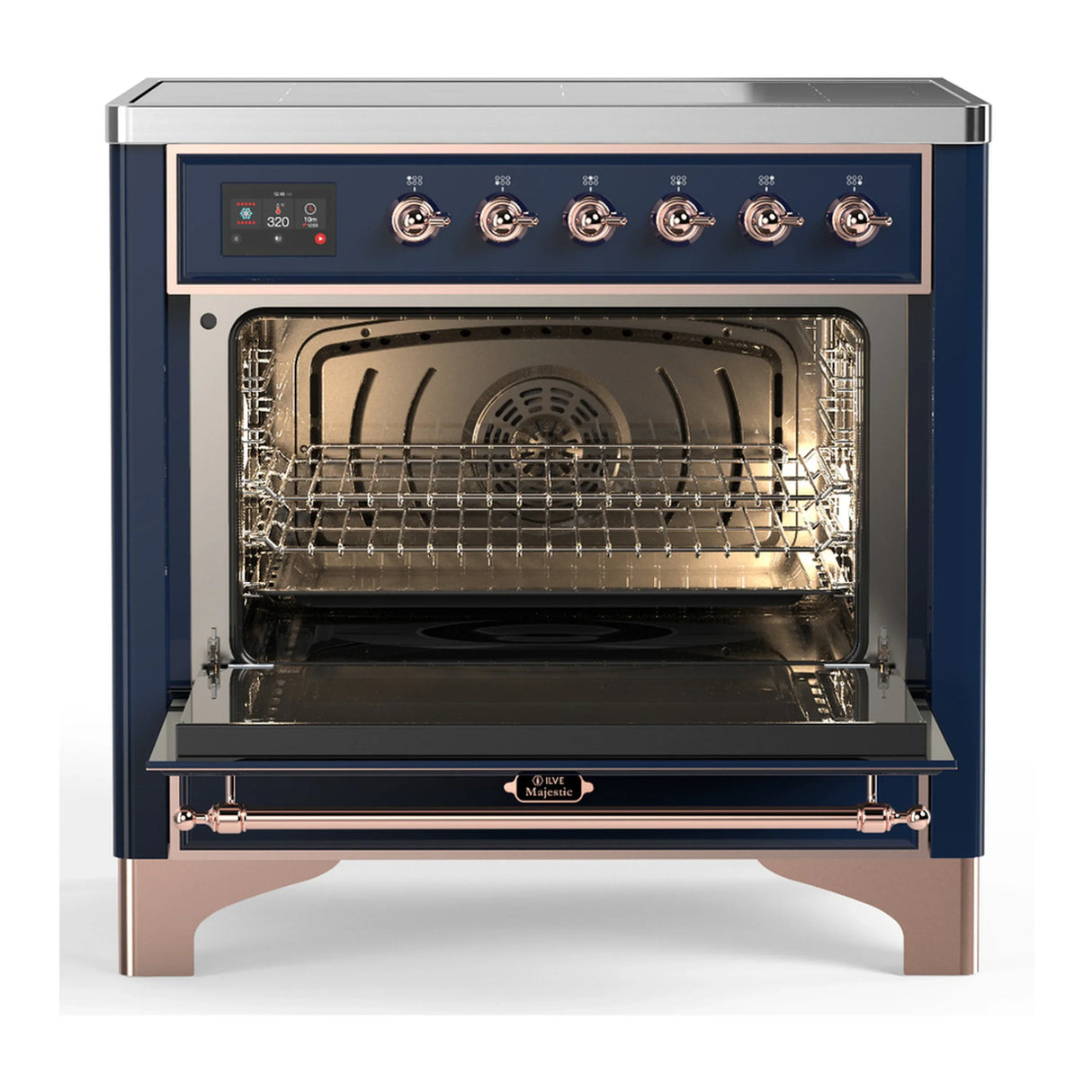 ILVE Majestic III 36-Inch Induction Range with 6 Induction Elements and Solid Door Electric Oven in Mightnight Blue with Copper Trim (UMIB36QNR3MBP)