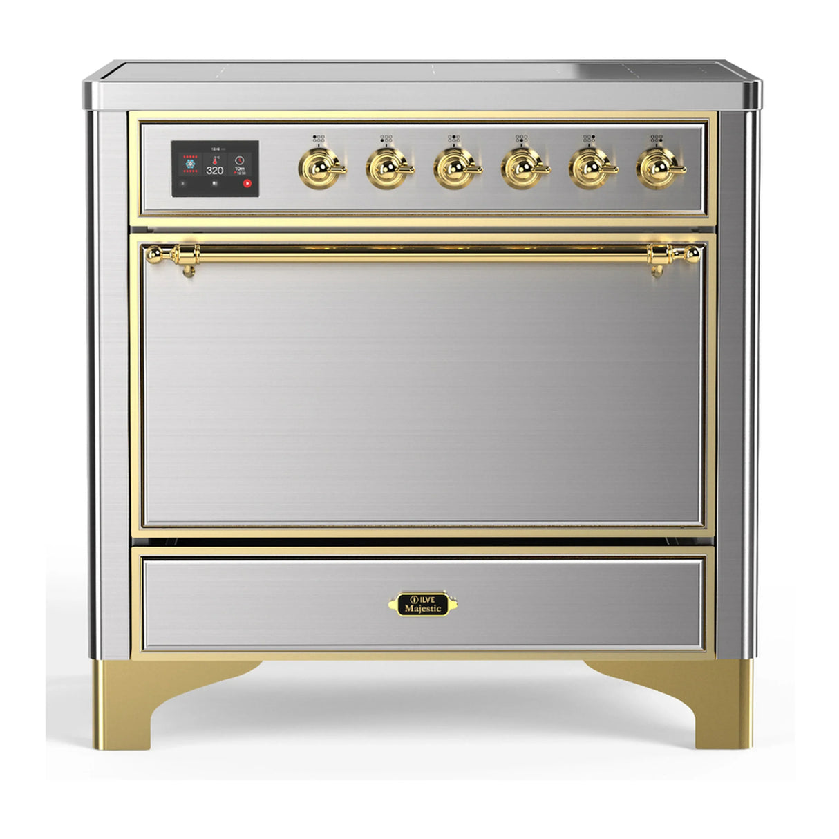 ILVE Majestic III 36-Inch Induction Range with 6 Induction Elements and Solid Door Electric Oven in Stainless Steel with Brass Trim (UMIB36QNR3SSG)