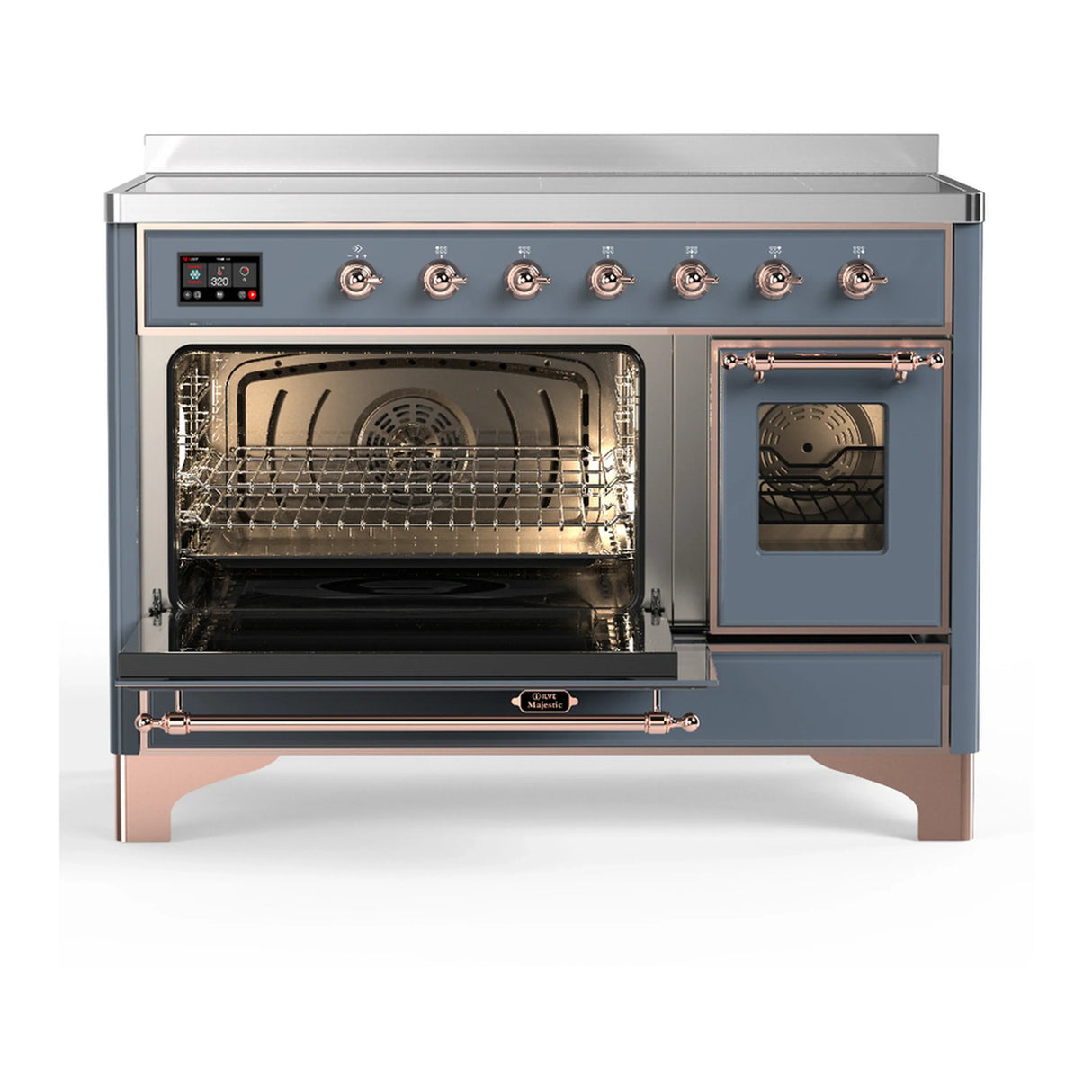 ILVE Majestic III 48-Inch Induction Range with 6 Induction Elements and Triple Glass Door Electric Oven in Blue Grey with Copper Trim (UMIB48NR3BGP)