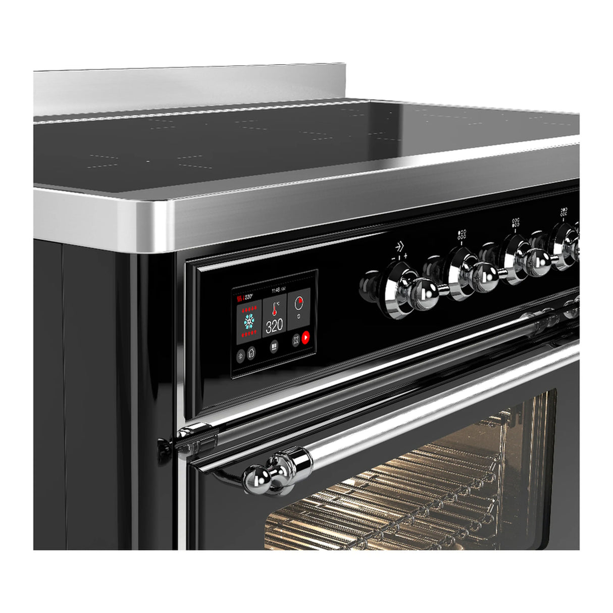 ILVE Majestic III 48-Inch Induction Range with 6 Induction Elements and Triple Glass Door Electric Oven in Glossy Black with Chrome Trim (UMIB48NR3BKC)